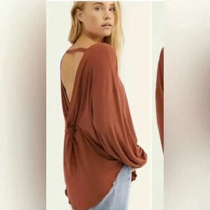 FREE PEOPLE Shimmy Shake Top Ribbed Burnt Orange Long Sleeve Open Back Small S